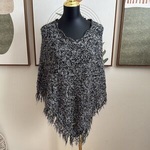 Armand & Alba Black and Gray Knit Fringed Sweater Poncho Shawl